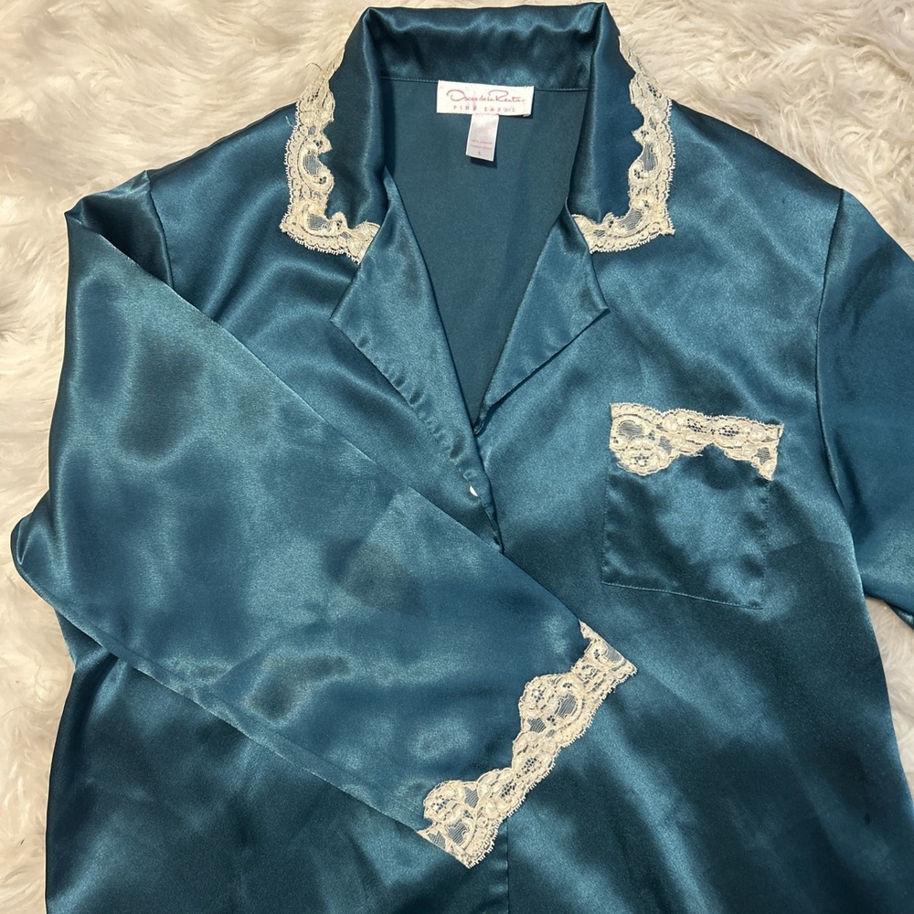 Oscar De La Renta Green Satin Nightgown Lingerie Ivory Lace Trim Button Sexy L